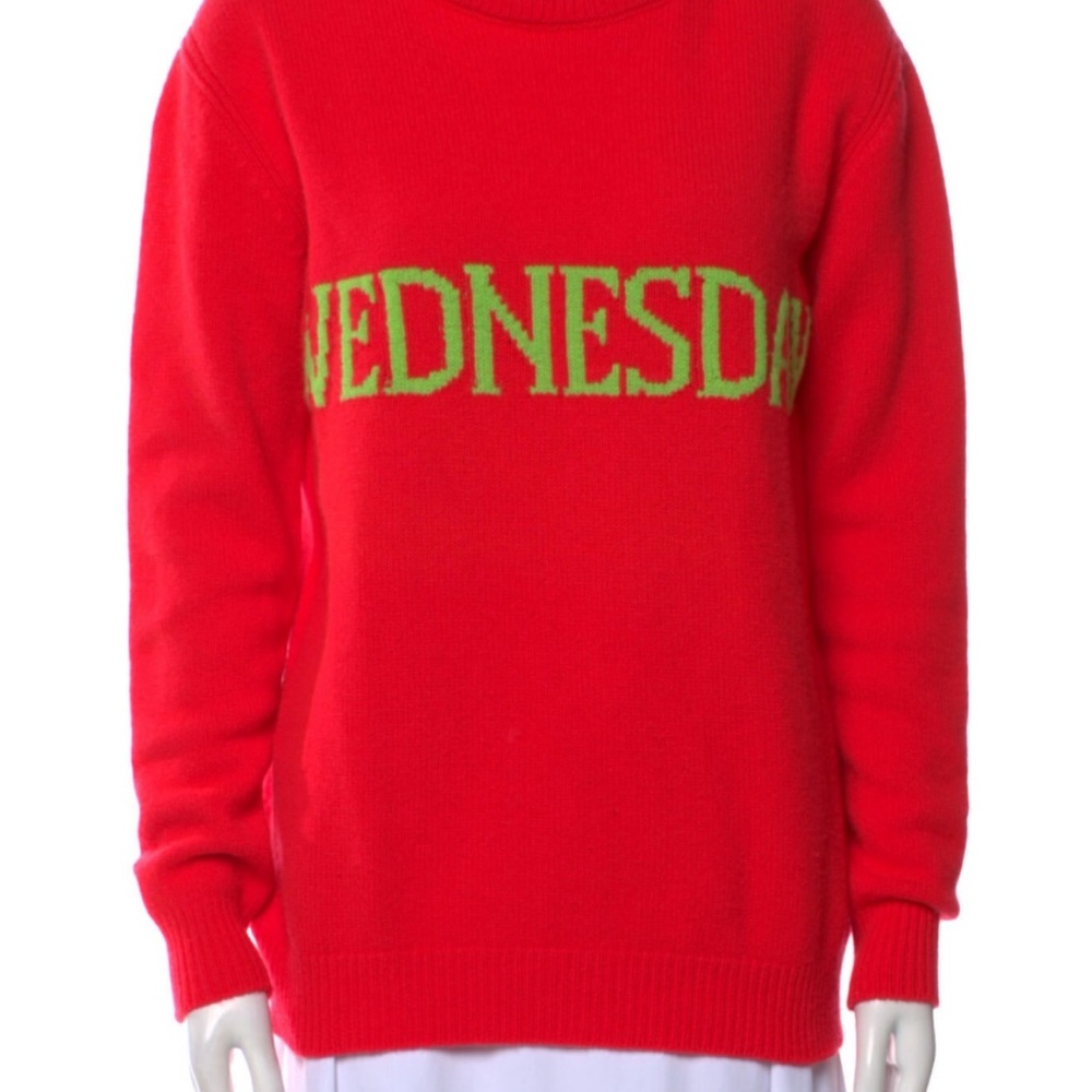 Iconic Cashmere Alberta Ferretti Red Sweater with Green 'Wednesday' Design